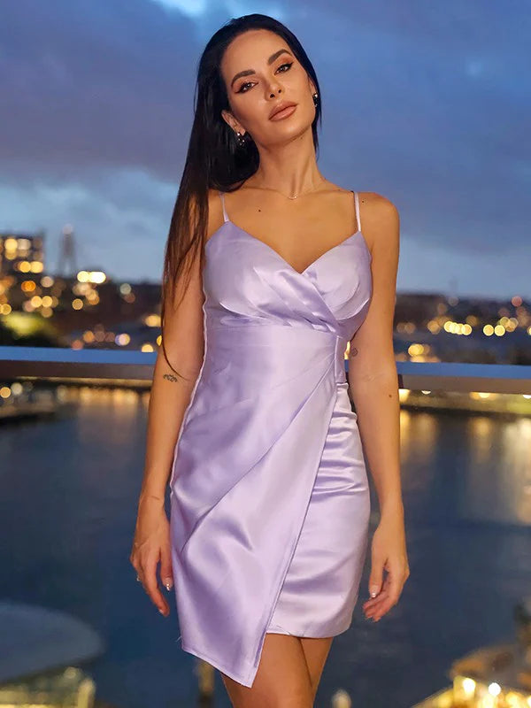 Silk like Satin Ruched V-neck Sleeveless Short Mini Homecoming Dresses