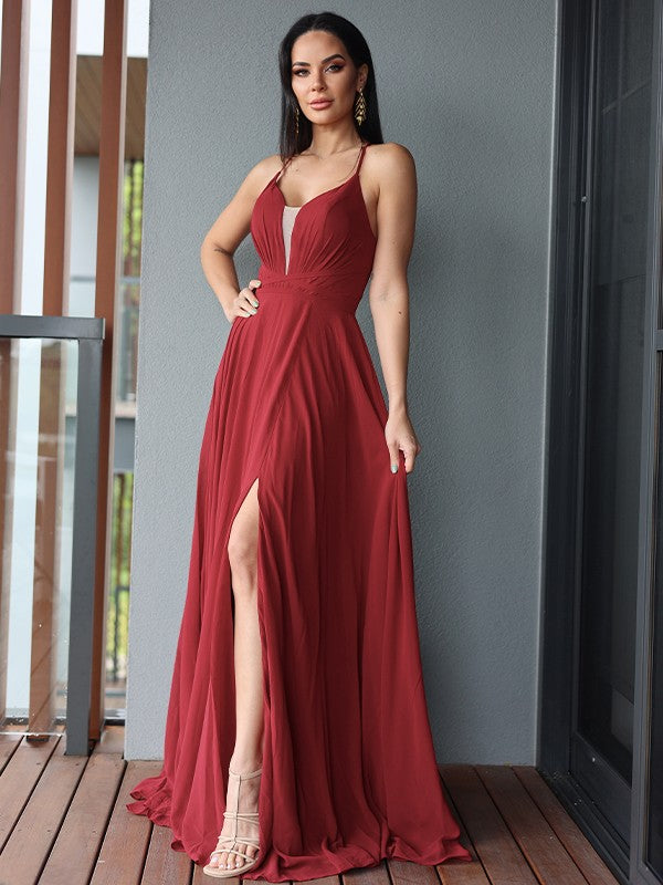 Chiffon Ruffles V-neck Sleeveless Sweep/Brush Train Dresses