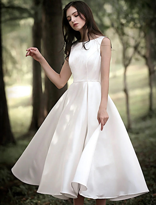 Reception Little White Dresses Wedding Dresses A-Line Scoop Neck Sleeveless Tea Length Satin Bridal Gowns With Solid Color