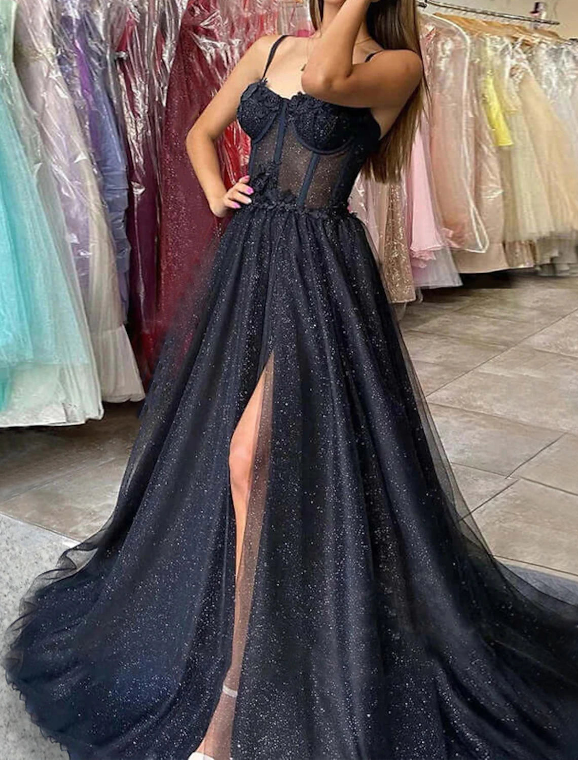 A-Line Evening Dresses Glitter Black Dress Wedding Dresses Formal Gothic Dress Floor Length Sleeveless Sweetheart Spaghetti Tulle