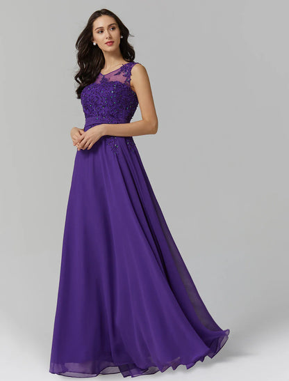 A-Line Evening Dress Wedding Guest Prom Floor Length Sleeveless Illusion Neck Chiffon V Back with Beading Appliques