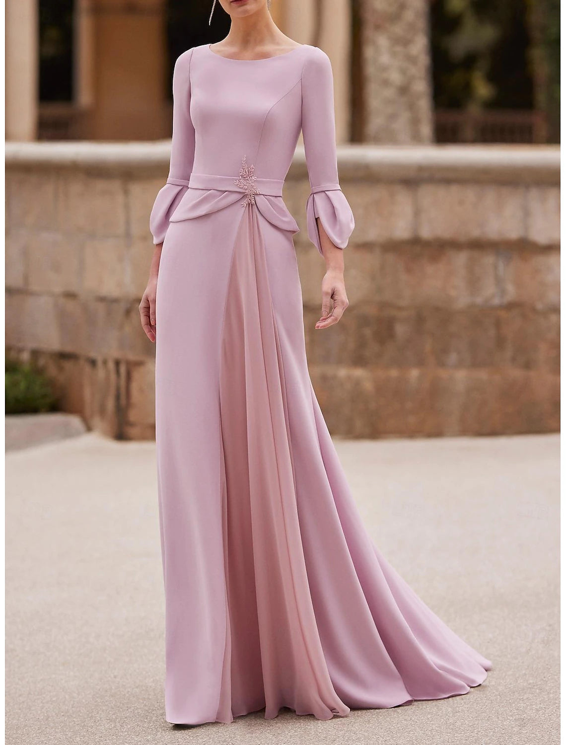 Mermaid / Trumpet Mother of the Bride Dress Elegant Floor Length Chiffon Crepe 3/4 Length Sleeve