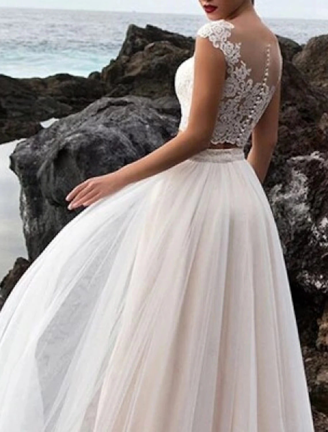 Hall Casual Wedding Dresses Separates Illusion Neck Cap Sleeve Separates Lace Bridal Tops Bridal Gowns