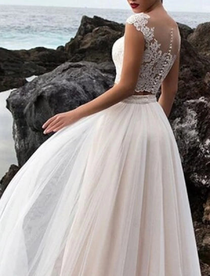 Hall Casual Wedding Dresses Separates Illusion Neck Cap Sleeve Separates Lace Bridal Tops Bridal Gowns