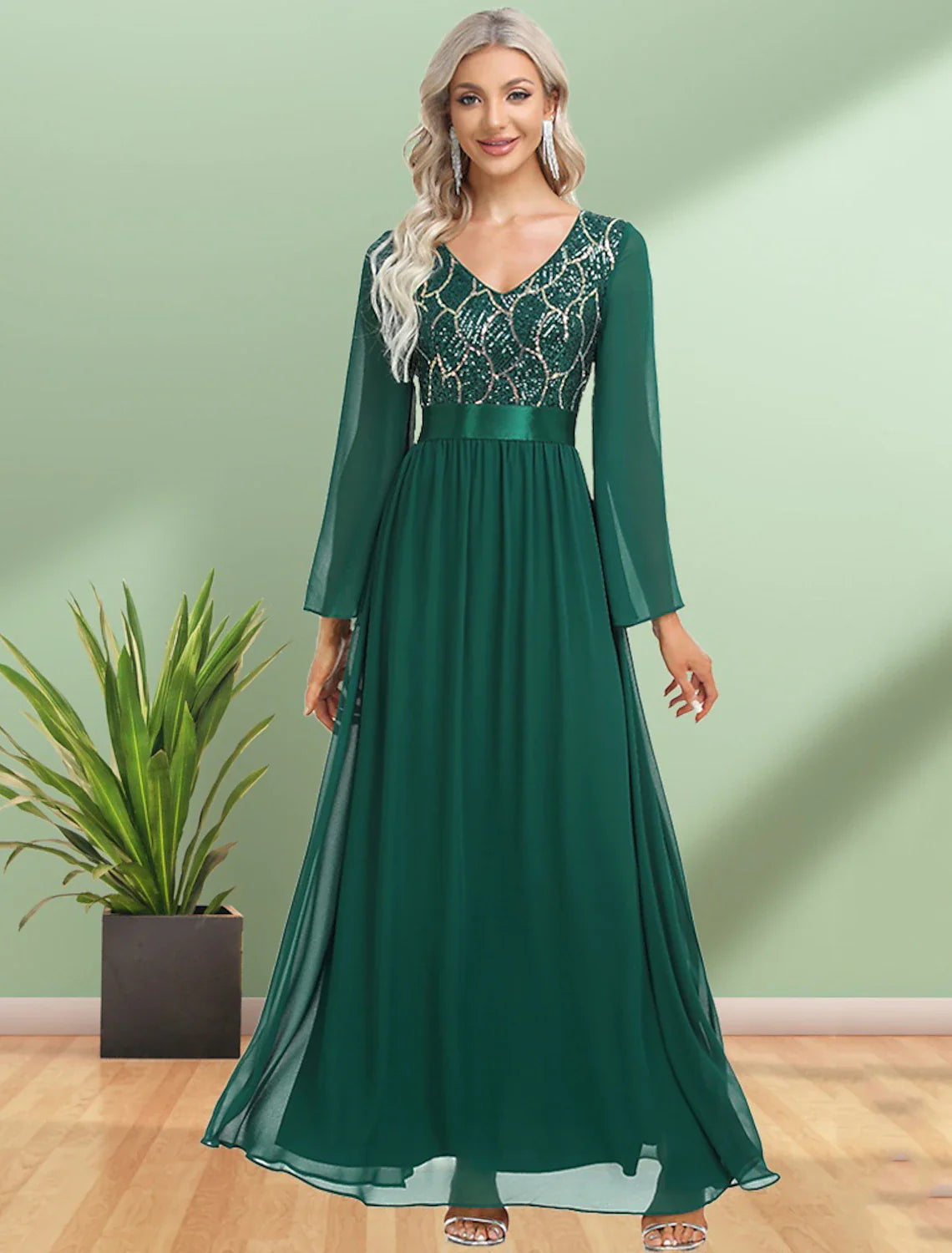 Evening Gown Elegant Dress Party Wear Floor Length Long Sleeve V Neck Chiffon with Sequin