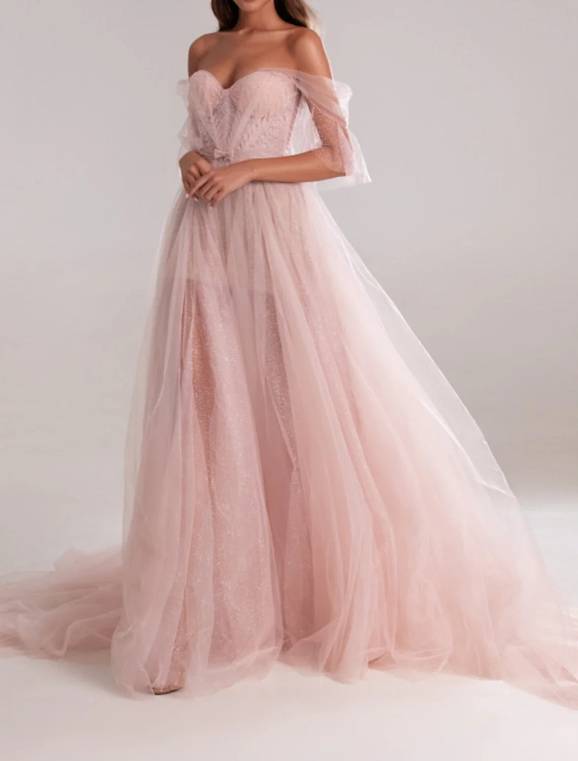 Evening Dress Sweetheart Neckline Sleeveless Court Train Tulle with Bow(s) Pleats