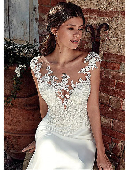 Beach Open Back Wedding Dresses Court Train Mermaid / Trumpet Cap Sleeve Illusion Neck Chiffon With Appliques