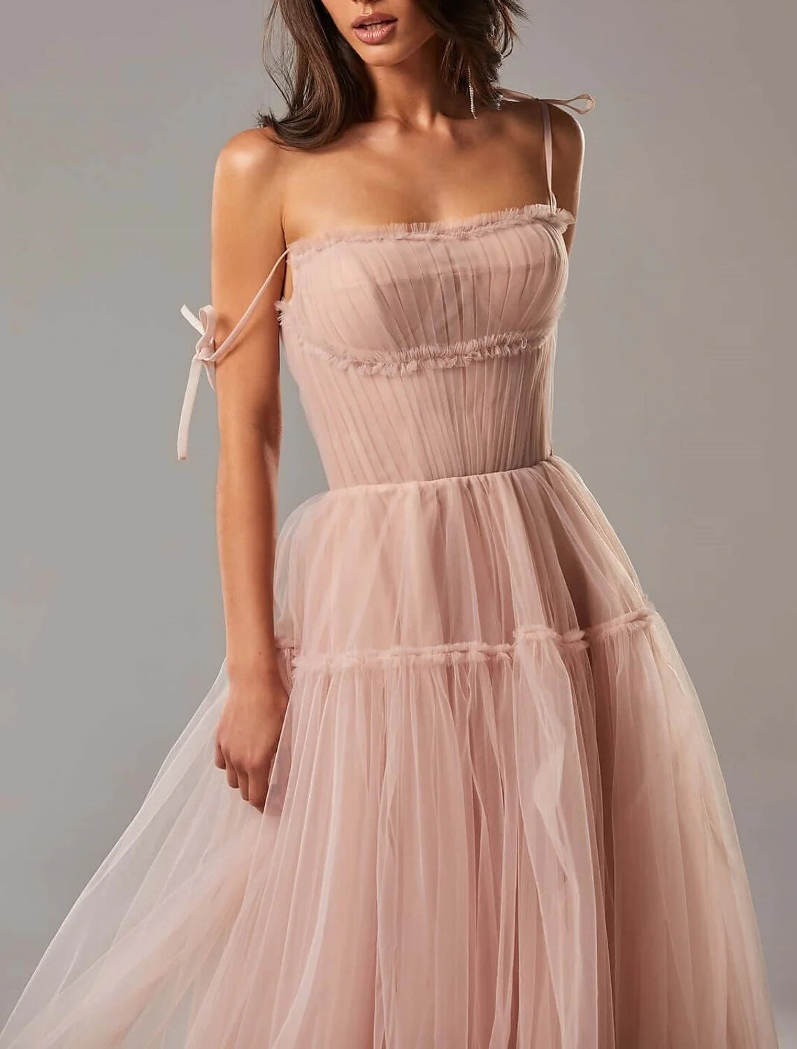 A-Line Prom Dresses Elegant Dress Wedding Guest Floor Length Sleeveless Spaghetti Strap Tulle with Pleats Ruffles