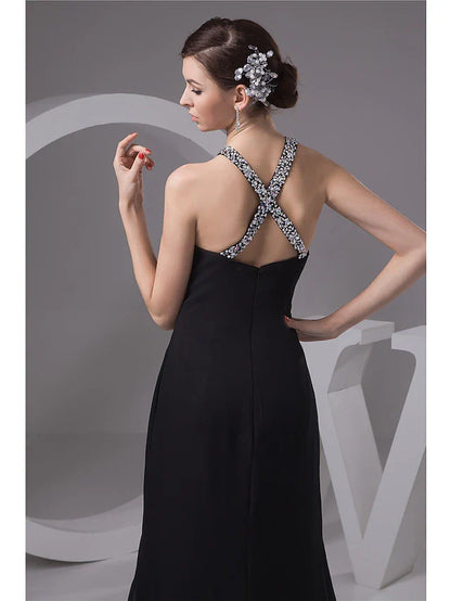 Evening Gown Sexy Dress Engagement Court Train Sleeveless Halter Chiffon with Beading Slit