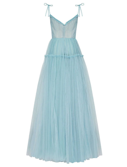 A-Line Prom Dresses Elegant Dress Wedding Guest Floor Length Sleeveless Spaghetti Strap Tulle with Pleats Ruffles