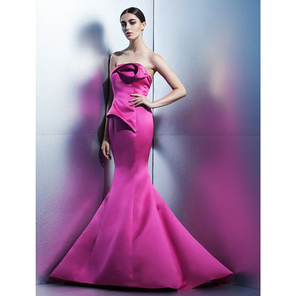 Evening Dress Strapless Sleeveless Sweep / Brush Train Satin with Flower