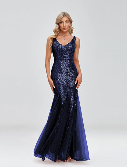 Evening Gown Sparkle Dress Wedding Guest Formal Evening Floor Length Sleeveless V Neck Tulle V Back with Sequin Splicin