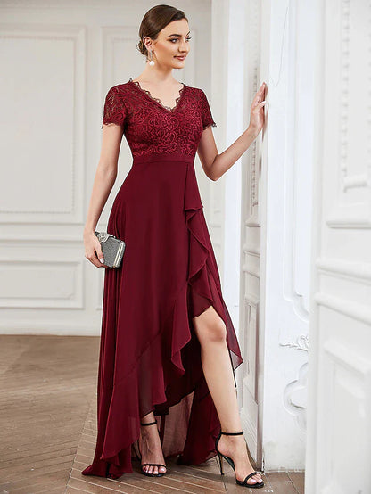 Cocktail Dresses Minimalist Dress Wedding Party Asymmetrical Short Sleeve V Neck Lace with Slit