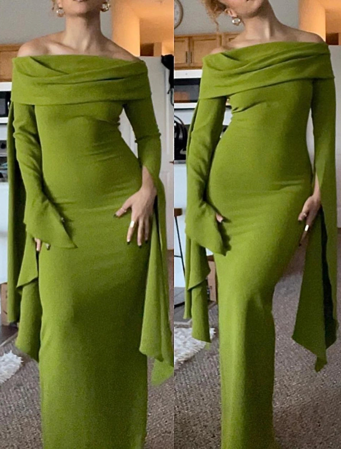 Sheath Evening Gown Green Elegant Dress Formal Wedding Guest Floor Length Long Sleeve One Shoulder Capes