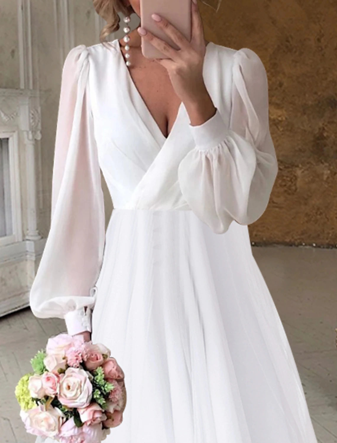 Bridal Shower Wedding Dresses Little White Dresses Simple A-Line V Neck Long Sleeve Asymmetrical Chiffon Bridal Gowns