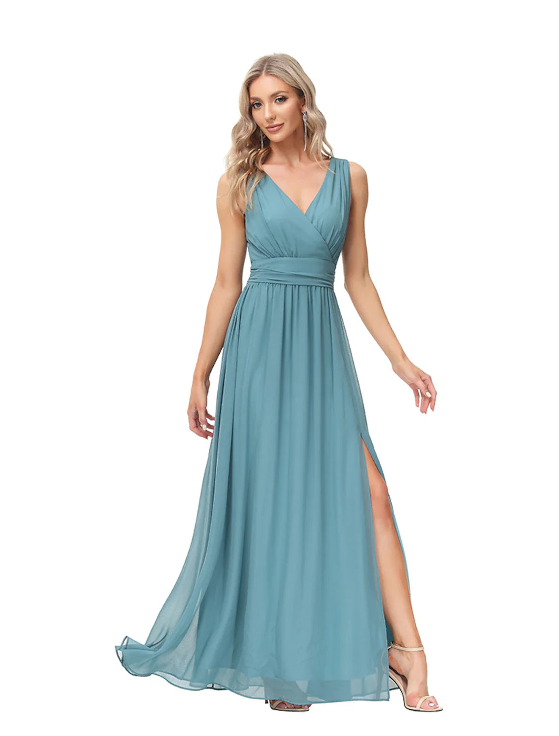 Evening Gown Empire Dress Party Wear Floor Length Sleeveless V Neck Chiffon V Back with Slit