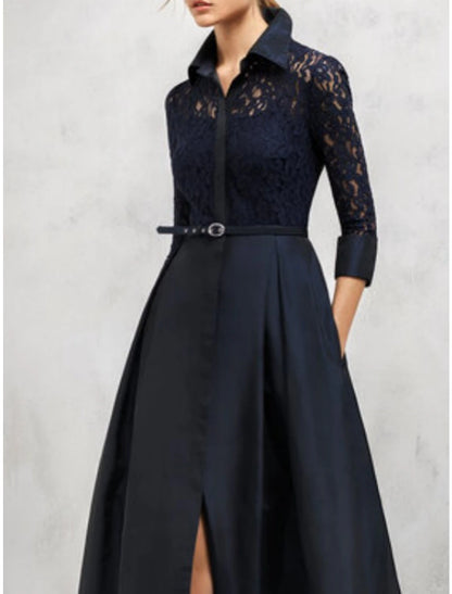 A-Line Mother of the Bride Dress Wedding Guest Elegant Vintage Shirt Collar Floor Length Satin Lace 3/4 Length Sleeve