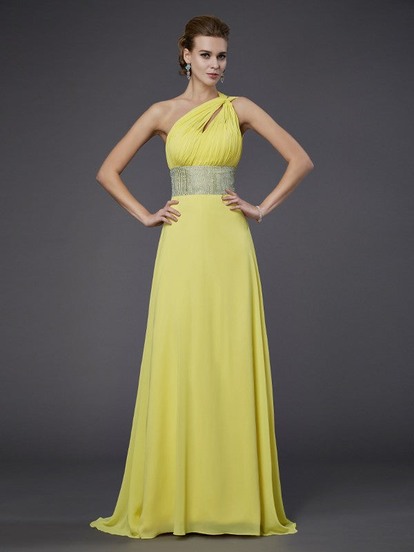 One-Shoulder Sleeveless Beading Long Chiffon Dresses