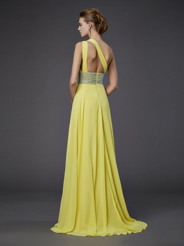 One-Shoulder Sleeveless Beading Long Chiffon Dresses