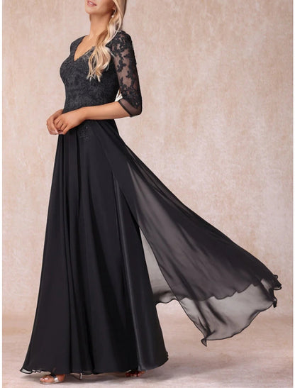 A-Line Mother of the Bride Dress Wedding Guest Elegant V Neck Floor Length Chiffon Lace 3/4 Length Sleeve