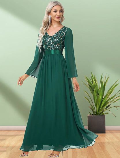 Evening Gown Elegant Dress Party Wear Floor Length Long Sleeve V Neck Chiffon with Sequin