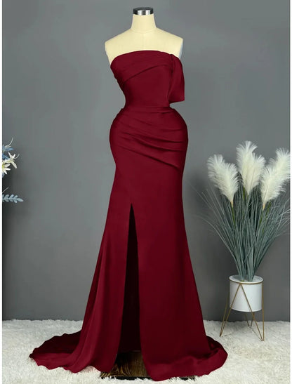 Evening Gown Elegant Dress Formal Sweep / Brush Train Sleeveless Strapless Satin with Pleats Ruched Slit