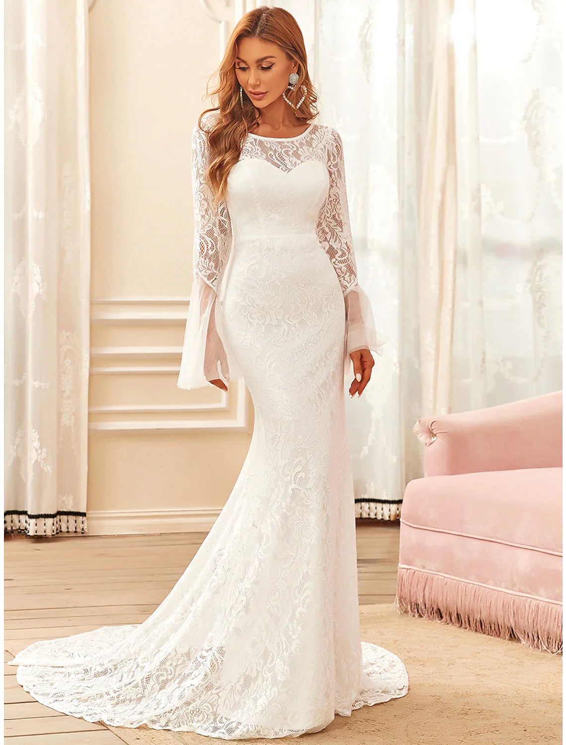 Beach Boho Wedding Dresses Sweep / Brush Train Mermaid / Trumpet Long Sleeve Illusion Neck Lace With Lace