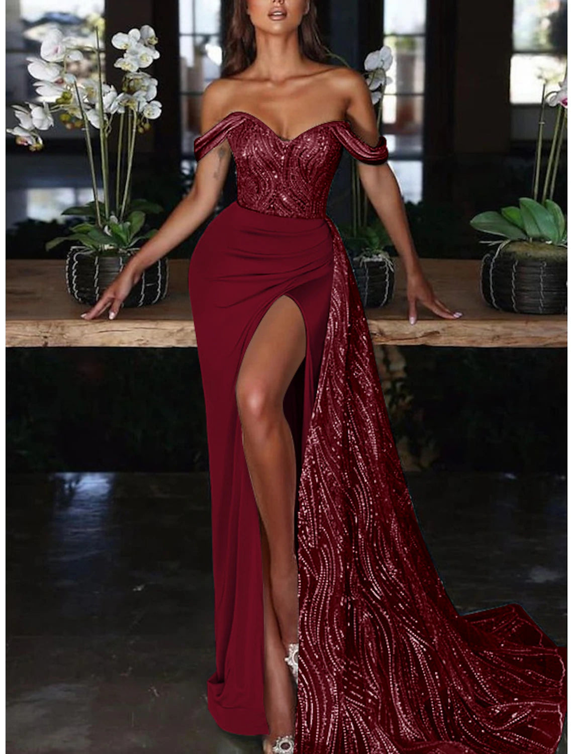 Mermaid Dress Evening Gown Red Green Dress Dress Formal Wedding Guest Court Train Sleeveless Off Shoulder Charmeuse