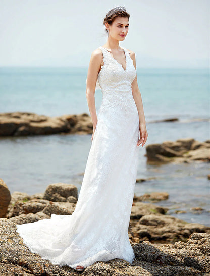 Wedding Dresses Sheath / Column V Neck Sleeveless Court Train Lace Bridal Gowns With Appliques Button