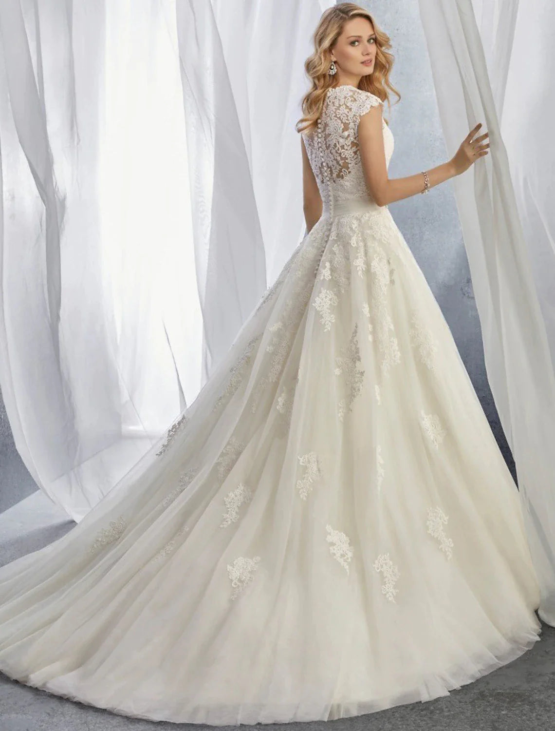 Engagement Formal Fall Wedding Dresses Ball Gown Sweetheart Cap Sleeve Court Train Lace Bridal Gowns With Appliques