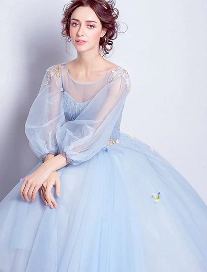 Ball Gown Prom Dresses Elegant Dress Quinceanera Engagement Floor Length 3/4 Length Sleeve Illusion Neck Tulle with Pleats Appliques