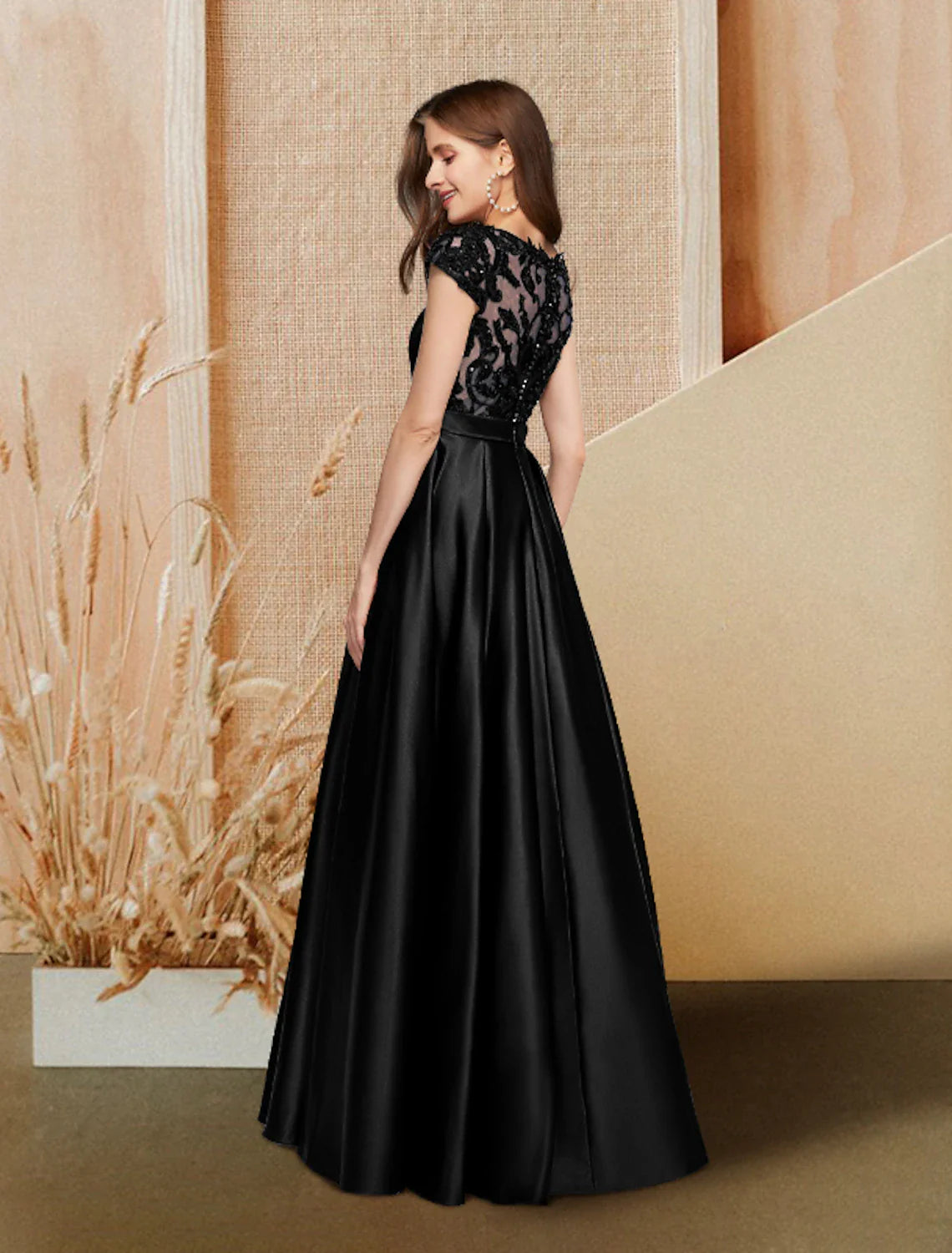 Evening Gown Luxurious Dress Wedding Guest Engagement Floor Length Short Sleeve Jewel Neck Pocket Satin with Beading Lace Insert Pocket