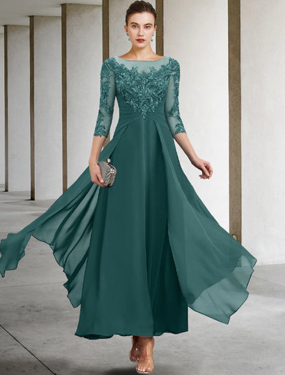 A-Line Mother of the Bride Dress Wedding Guest Elegant Plus Size Jewel Neck Ankle Length Chiffon Lace 3/4 Length Sleeve