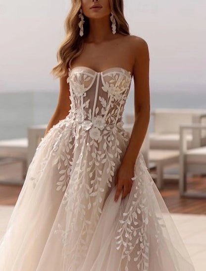 Beach Open Back Formal Wedding Dresses Ball Gown Sweetheart Sleeveless Sweep / Brush Train Tulle Bridal Gowns