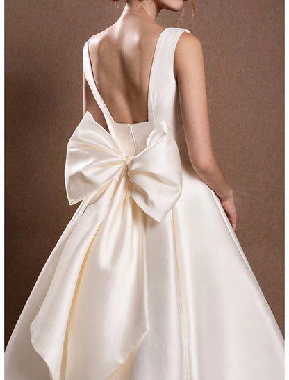 Reception Simple Wedding Dresses Wedding Dresses A-Line Off Shoulder Cap Sleeve Tea Length Satin Bridal Gowns