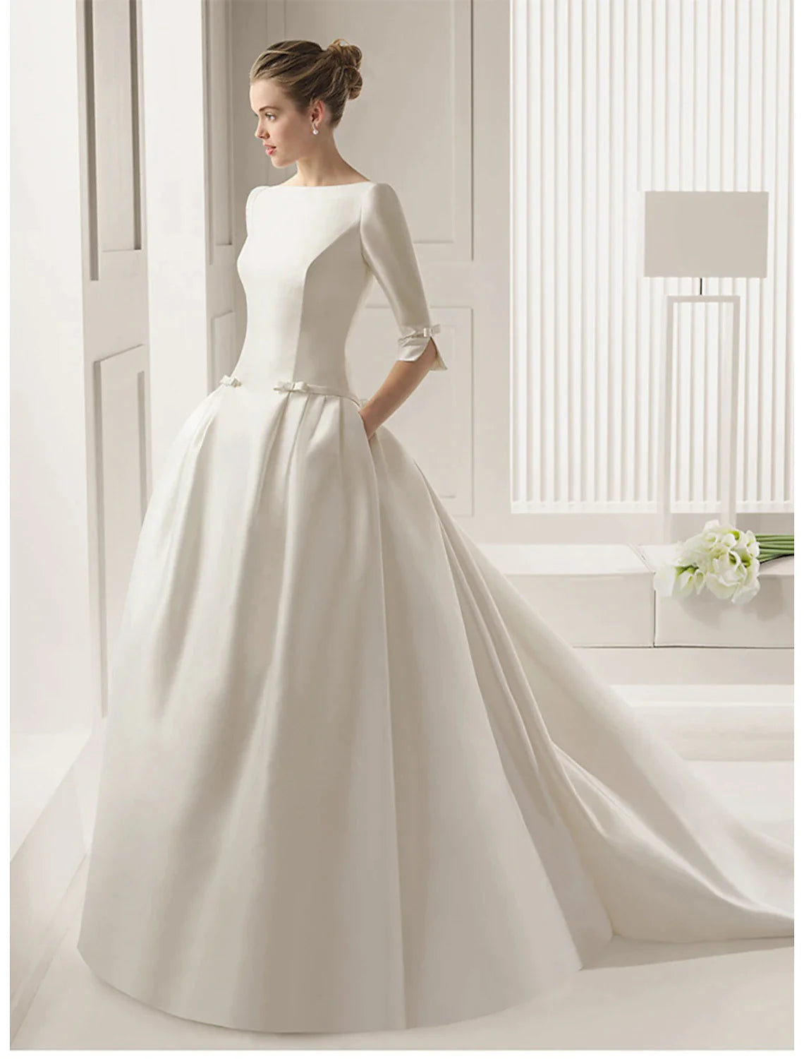 Engagement Formal Fall Wedding Dresses A-Line Scoop Neck Half Sleeve Court Train Satin Bridal Gowns With Bow(s) Pleats