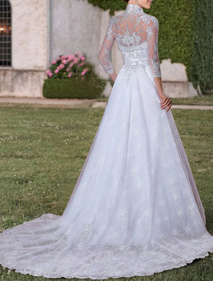 Engagement Formal Wedding Dresses Two Piece Sweetheart 3/4 Length Sleeve Court Train Lace Bridal Gowns