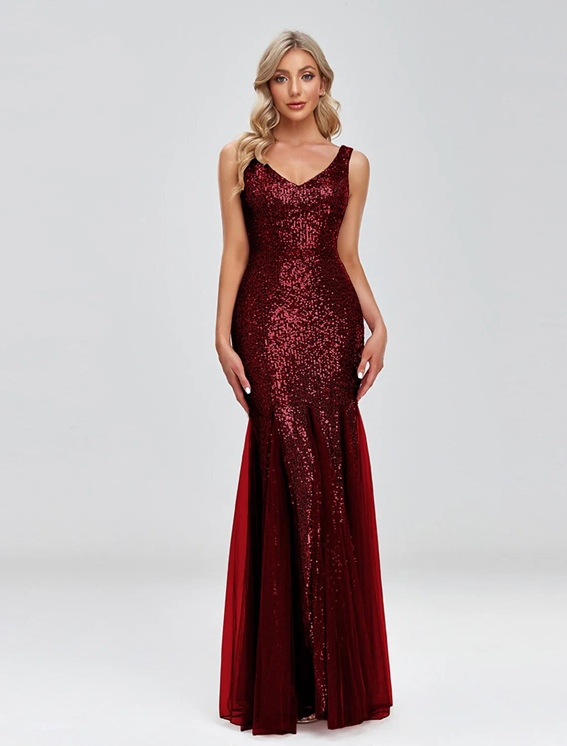 Evening Gown Sparkle Dress Wedding Guest Formal Evening Floor Length Sleeveless V Neck Tulle V Back with Sequin Splicin