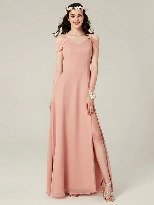 A-Line Bridesmaid Dress Spaghetti Strap Short Sleeve Furcal Floor Length Chiffon with Split Front