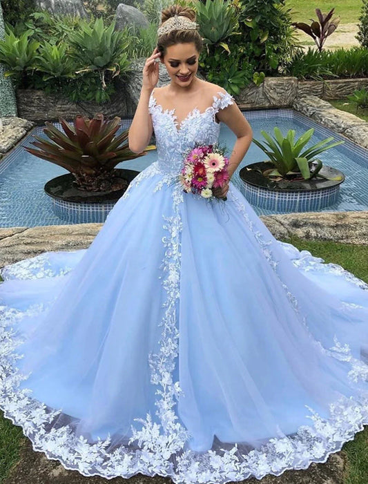 Engagement Wedding Dresses in Color Formal Wedding Dresses Ball Gown V Neck Cap Sleeve Chapel Train Lace Bridal Gowns With Appliques