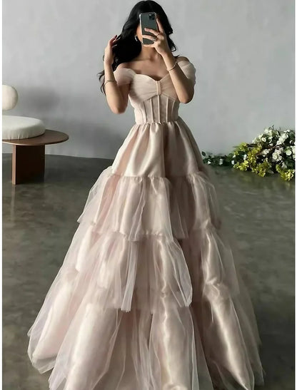 Evening Gown Princess Dress Formal Floor Length Short Sleeve Off Shoulder Satin with Pleats