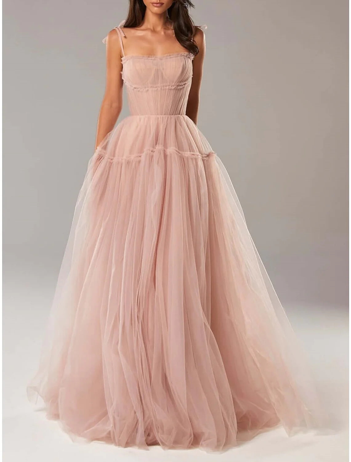 A-Line Prom Dresses Elegant Dress Wedding Guest Floor Length Sleeveless Spaghetti Strap Tulle with Pleats Ruffles