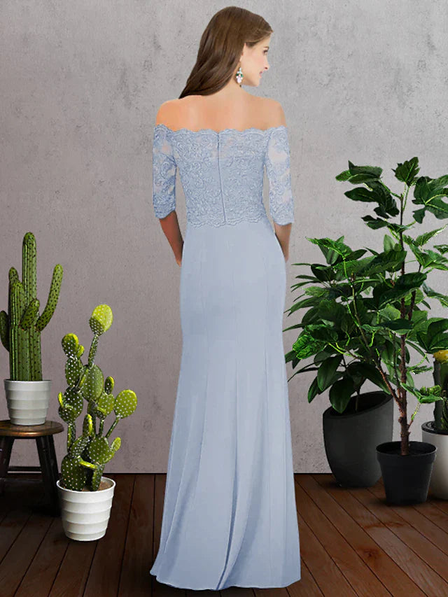 A-Line Bridesmaid Dress Off Shoulder Half Sleeve Elegant Floor Length Chiffon Lace