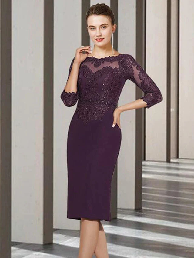 Two Piece A-Line Mother of the Bride Dress Church Elegant Jewel Neck Knee Length Chiffon Lace 3/4 Length Sleeve Jacket Dresses with Beading Appliques