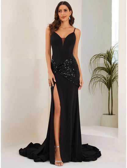 Evening Gown Sexy Dress Formal Court Train Sleeveless Spaghetti Strap Stretch Fabric with Crystals Slit