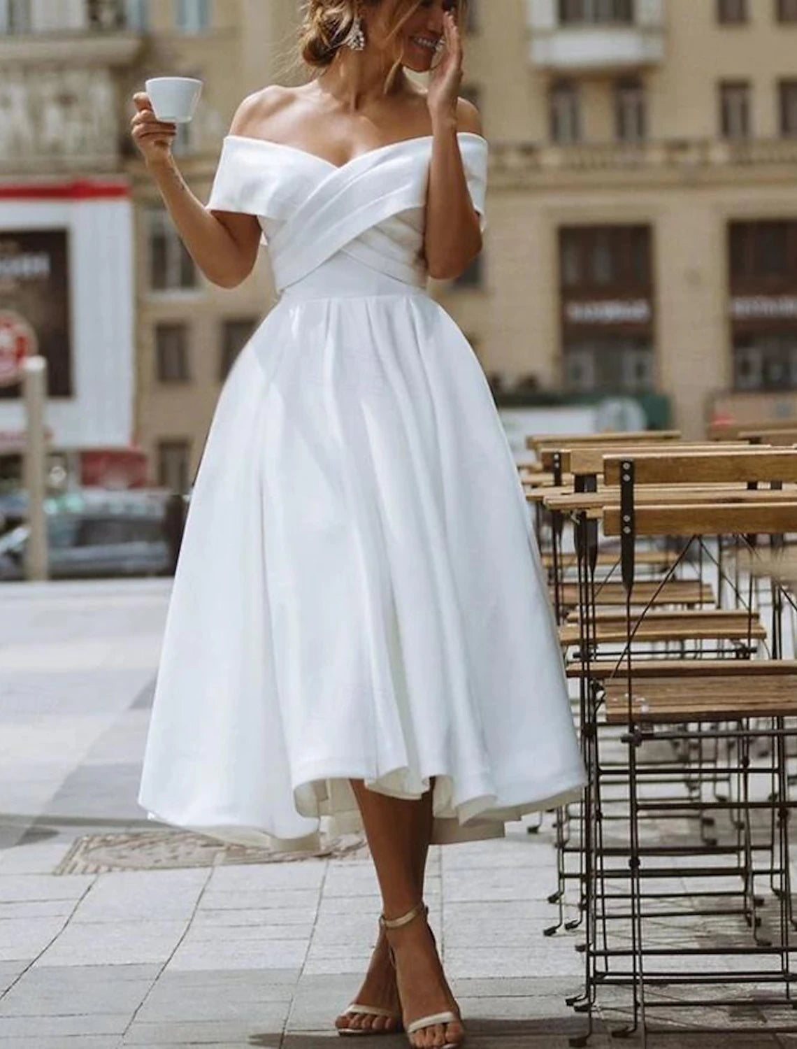 Simple Wedding Dresses Satin Little White Dresses A-Line Off Shoulder Formal Short Sleeve Tea Length Bridal Gowns