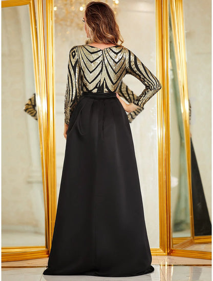 Evening Gown Sparkle & Shine Dress Formal Floor Length Long Sleeve V Neck Detachable Polyester with Sequin Overskirt