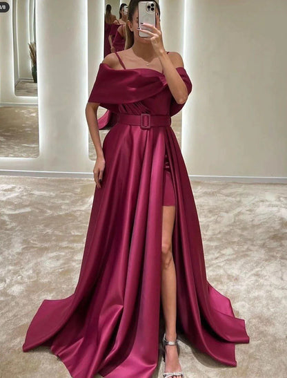 A-Line Evening Gown Elegant Dress Formal Floor Length Sleeveless Off Shoulder Satin with Crystals Slit Strappy