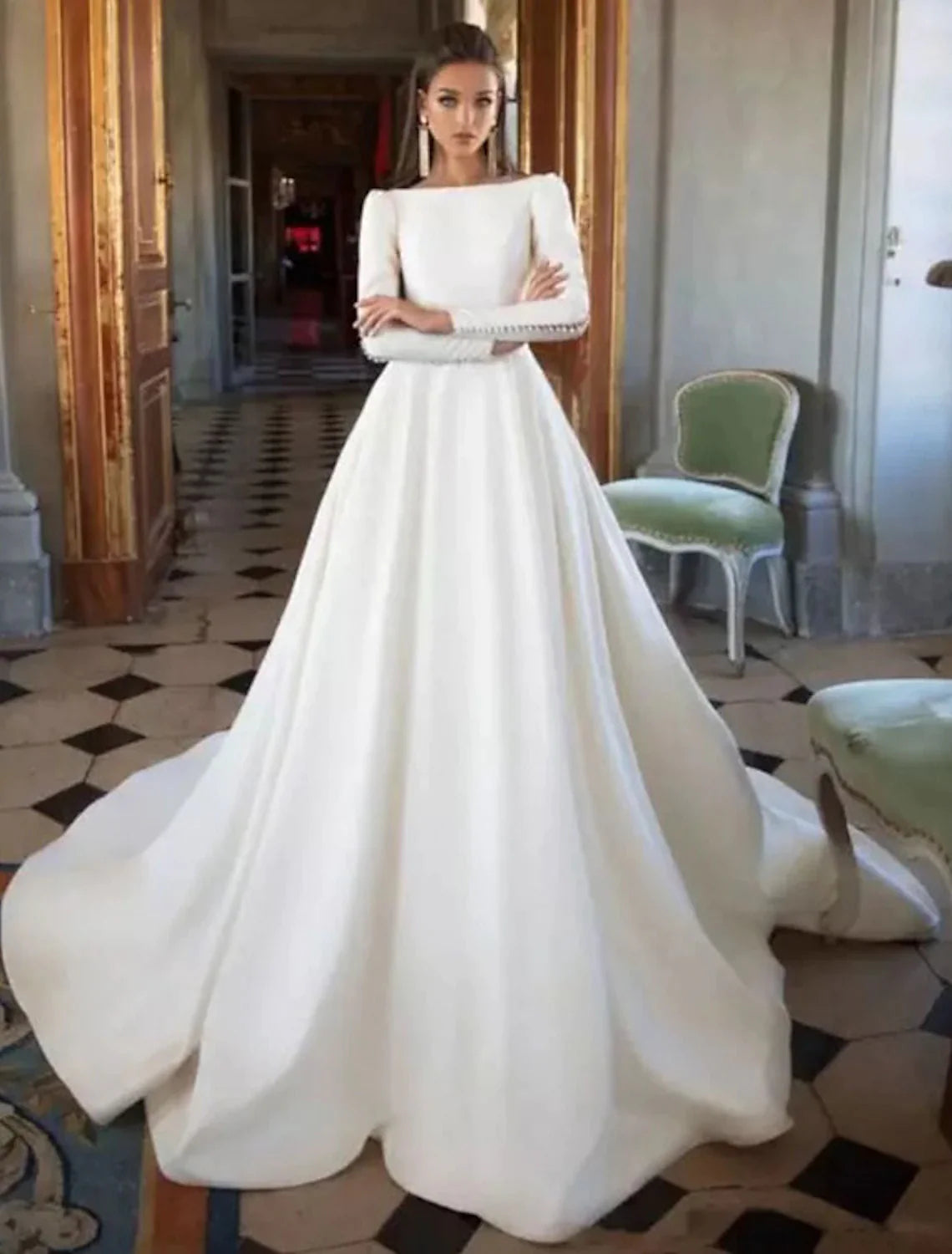 Formal Wedding Dresses Ball Gown Scoop Neck Long Sleeve Court Train Satin Bridal Gowns With Buttons Pleats