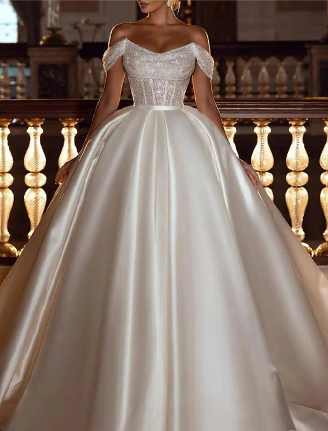 Engagement Formal Glitter & Sparkle Wedding Dresses Ball Gown Off Shoulder Cap Sleeve Chapel Train Satin Bridal Gowns